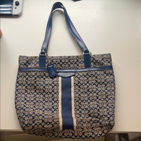 Coach Blue and Tan Geometric Pattern Tote - Picture 1 of 1